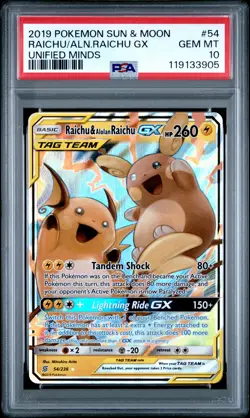 2019 POKEMON SUN & MOON UNIFIED MINDS #54 RAICHU & ALOLAN RAICHU GX PSA 10 - Image 1