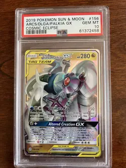 2019 Pokemon Sun & Moon Cosmic Eclipse Arceus Dialg Palkia GX 156/236 PSA 10 - Image 1