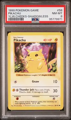 1999 POKEMON BASE SET YELLOW CHEEKS-SHADOWLESS #58 PIKACHU PSA 8 - Image 1