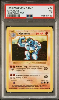 1999 POKEMON BASE SET SHADOWLESS #34 MACHOKE PSA 7 - Image 1