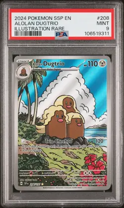 2024 POKEMON SSP EN-SURGING SPARKS ILLUSTRATION RARE #208 ALOLAN DUGTRIO PSA 9 - Image 1