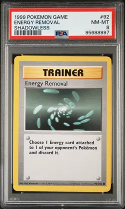 1999 POKEMON BASE SET SHADOWLESS #92 ENERGY REMOVAL PSA 8 - Image 1