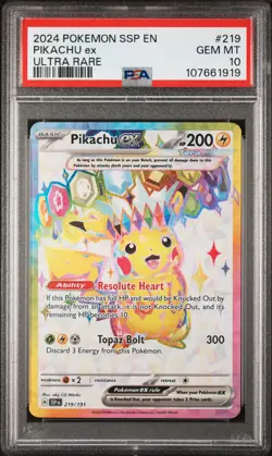 2024 POKEMON SSP EN-SURGING SPARKS ULTRA RARE #219 PIKACHU EX PSA 10 - Image 1