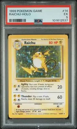 1999 POKEMON BASE SET UNLIMITED #14 RAICHU-HOLO PSA 5 - Image 1