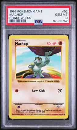 1999 POKEMON BASE SET SHADOWLESS #52 MACHOP PSA 10 - Image 1