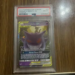 2019 POKEMON SUN & MOON TEAM UP #53 GENGAR & MIMIKYU GX PSA 8 - Image 1