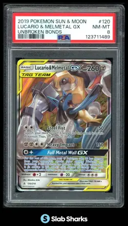 2019 POKEMON SUN MOON UNBROKEN BONDS #120/214 LUCARIO MELMETAL GX TAG TEAM PSA 8 - Image 1