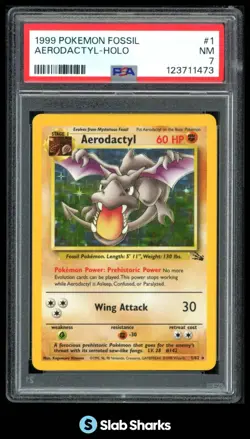 1999 POKEMON FOSSIL #1/62 AERODACTYL HOLO RARE PSA 7 - Image 1