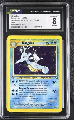CGC 8 Kingdra 2000 Neo Genesis 1st Edition ERROR 8/111 Holo Pokemon Card - Image 1