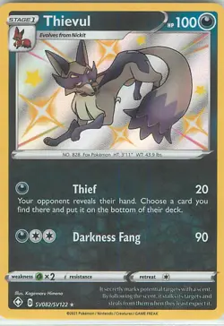 Thievul SV082/SV122 - Pokemon Shining Fates SWSH Shiny Rare Card - NM - Image 1
