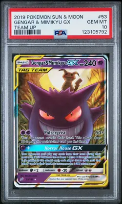 2019 POKEMON SUN & MOON TEAM UP #53 GENGAR & MIMIKYU GX PSA 10 - Image 1