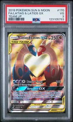 2019 POKEMON SUN & MOON TEAM UP #170 FULL ART/LATIAS & LATIOS GX PSA 3 - Image 1