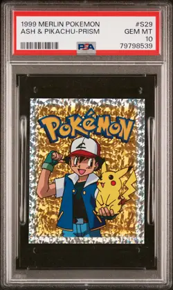 1999 MERLIN POKEMON #S29 ASH & PIKACHU-PRISM PSA 10 - Image 1