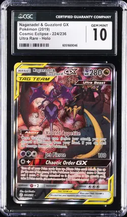 2019 POKEMON COSMIC ECLIPSE ULTRA RARE NAGANADEL & GUZZLORD GX CGC 10 GEM MINT - Image 1