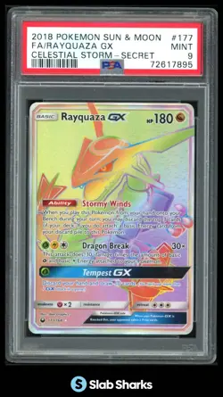 2018 POKEMON SUN & MOON CELESTIAL STORM #177/168 RAYQUAZA GX SECRET RARE PSA 9 - Image 1