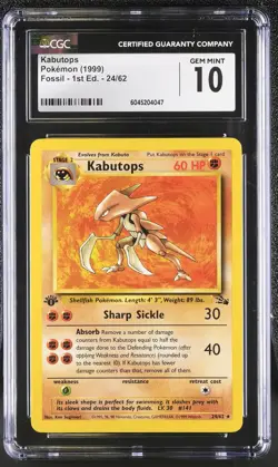 CGC 10 GEM MINT Kabutops 1999 Fossil 1st Edition 24/62 Pokemon Card - Image 1