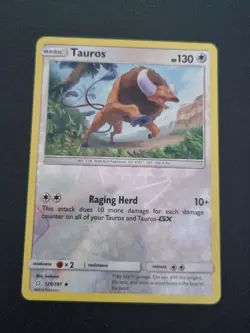 REVERSE HOLO Pokemon Card Sun & Moon Team Up TCG Card Tauros 129/181 - Image 1