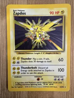 Zapdos Pokemon Card Unlimited Edition Holo Rare Base Set 1999 - 16/102 MP/HP - Image 1