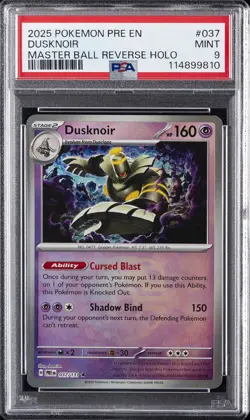 2025 POKEMON PRE EN-PRISMATIC EVOLUTIONS MASTER BALL REVERSE HOLO DUSKNOIR PSA 9 - Image 1