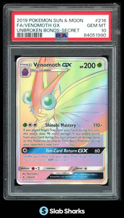 2019 POKEMON SUN & MOON #216/214 FA/VENOMOTH GX UNBROKEN BONDS-SECRET PSA 10 - Image 1