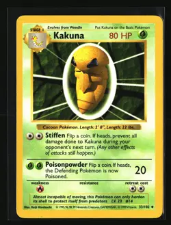 Pokemon KAKUNA 33/102 Shadowless (1999 Base Set) LP/NM - Image 1