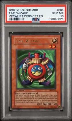 2002 YU-GI-OH! MRD-METAL RAIDERS 1ST EDITION #065 TIME WIZARD PSA 10 - Image 1