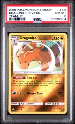 2019 POKEMON SUN & MOON TEAM UP #119 DRAGONITE-REVERSE FOIL PSA 8 - Image 1