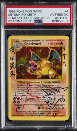 1999 POKEMON BASE SET SHADOWLESS ARITA AUTO CHARIZARD-HOLO PSA AUTH DNA AUTO 10 - Image 1