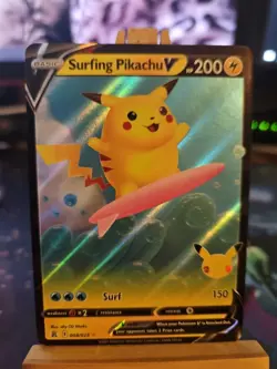 Pokemon TCG Surfing Pikachu v Holo Rare Card 008/025 Celebrations 2021 NM - Image 1