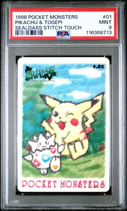 1998 POCKET MONSTERS SEALDASS STITCH TOUCH #01 PIKACHU & TOGEPI PSA 9 - Image 1