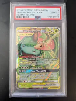 2019 Pokemon S&M Cosmic Eclipse Venusaur & Snivy GX #1 PSA 10 - Image 1