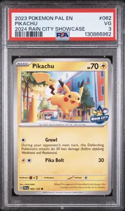 PSA 3 VG Pikachu #62 -2024 Rain City Showcase Pokemon Promo Card - Image 1