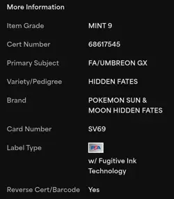 PSA 9 Pokemon Umbreon GX SV69 Hidden Fates Shiny Ultra Rare Full Art Holo - Image 3
