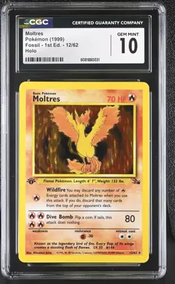 CGC 10 GEM MINT Moltres 1999 Fossil 1st Edition 12/62 Holo Pokemon Card - Image 1