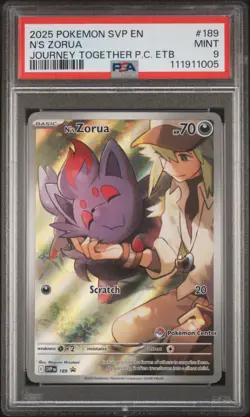 2025 POKEMON JOURNEY TOGETHER POKEMON CENTER ETB PROMO SVP #189 N'S ZORUA PSA 9 - Image 1