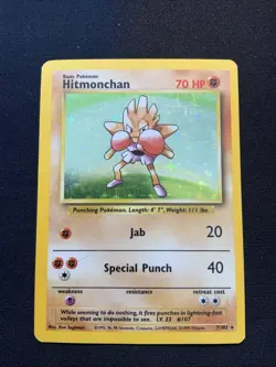 Hitmonchan 7/102 Unlimited Holo Rare - 1999 Pokemon TCG Base Set - MP Scratched - Image 1