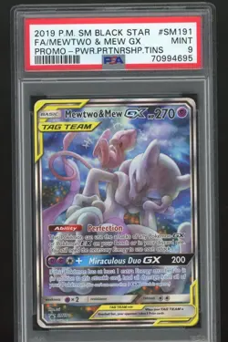 PSA 9 MINT Mewtwo & Mew GX SM191 Pokemon Full Art Power Partnership Tins 2019 - Image 1