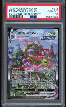 2021 Pokemon Rayquaza VMAX Evolving Skies Secret Rare SWSH Full Art #218 PSA 10 - Image 1