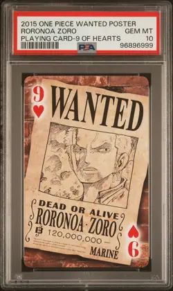 2015 ONE PIECE WANTED POSTER PLAYING CARDS 9 OF HEARTS RORONOA ZORO PSA 10 - Image 1
