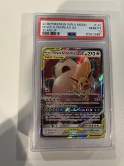 2019 POKEMON SUN & MOON TEAM UP #120 EEVEE & SNORLAX GX PSA 10 - Image 1