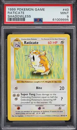 PSA 9 MINT Raticate 40/102 Shadowless Base Set 1999 Pokemon Card - Image 1
