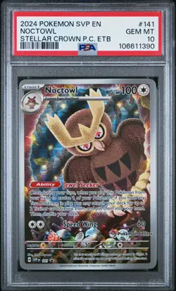 2024 POKEMON SVP STELLAR CROWN POKEMON CENTER ETB PROMO #141 NOCTOWL PSA 10 - Image 1