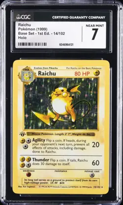 1999 POKEMON BASE SET - 1ST ED - HOLO #14/102 RAICHU CGC 7 - Image 1
