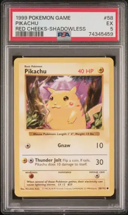 PSA 5 Pikachu 58/102 Red Cheeks Shadowless Base Set 1999 Pokemon Card - Image 1