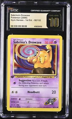 CGC 10 Pristine Sabrina's Drowzee 92/132 1st Edition Gym Heroes 2000 Pokemon - Image 1