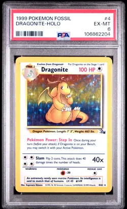 PSA 6 Dragonite Holo 4/62 Fossil 1999 Pokemon Card - Image 1