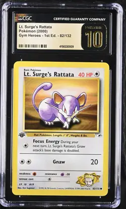 CGC 10 Pristine Lt. Surge's Rattata 82/132 1st Edition Gym heroes 2000 Pokemon C - Image 1