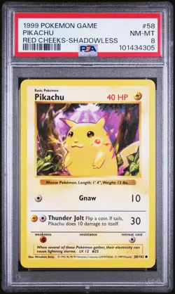 PSA 8 Pikachu 58/102 Red Cheeks Shadowless Base Set 1999 Pokemon Card - Image 1