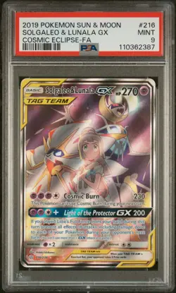 PSA 9 Solgaleo & Lunala GX 216/236 Sun & Moon Cosmic Eclipse Pokemon Card - Image 1