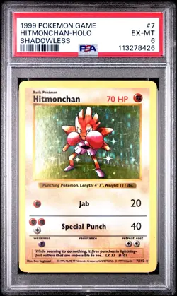 PSA 6 Hitmonchan Holo 7/102 Shadowless Base Set 1999 Pokemon Card - Image 1